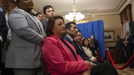 Speaker Rivas and Democratic Caucus listen to President Harris' remarks