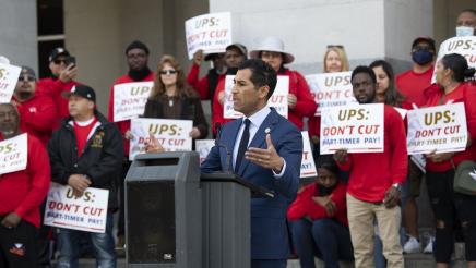 Asm. Robert Rivas speaking at a press conference in support of UPS Teamsters