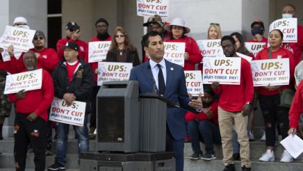 Asm. Robert Rivas speaking at a press conference in support of UPS Teamsters