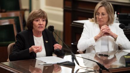 Dee Dee Myers, Director of the Governor’s Office of Business and Economic Development External Affairs (Go-Biz), and Karen Ross, Secretary of California's Department of Food and Agriculture, speak at a California Agricultural Competitiveness Hearing.